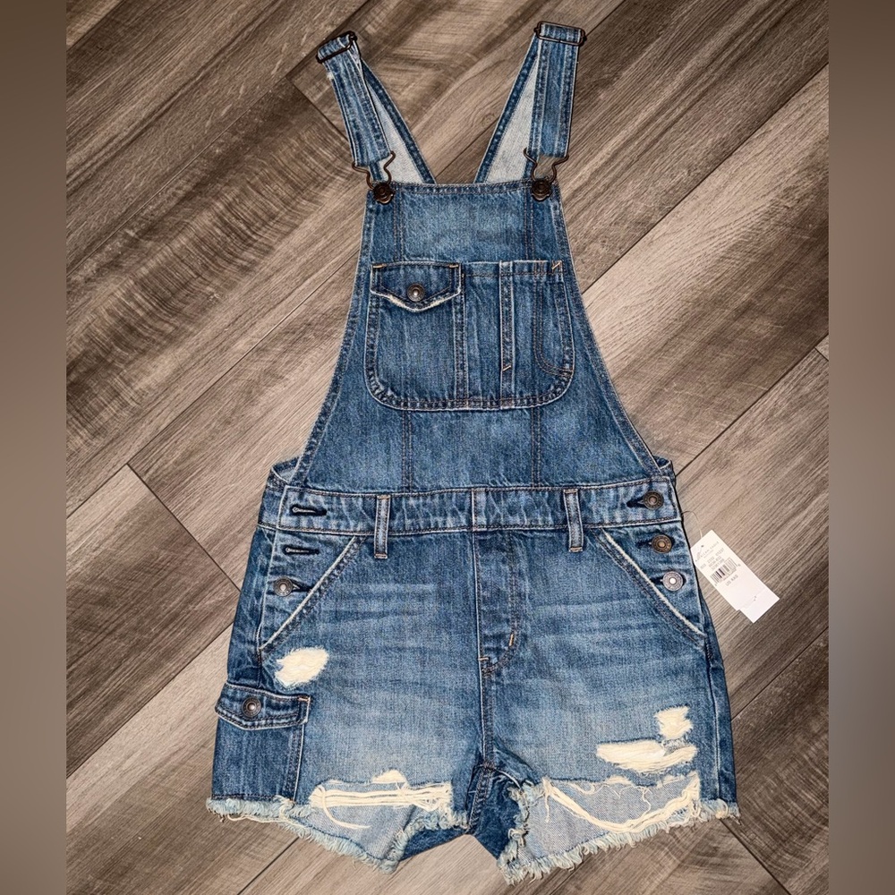 American Eagle Outfitters Distressed Blue Denim Short Overalls